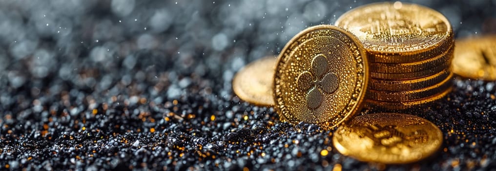 the ripple-xrp virtual currency logo. 3d illustrations. Bitcoin and cryptocurrency investing concept. Cryptocurrency golden coin with gold ripple symbol. Rise and fall charts of alt coins. Technology