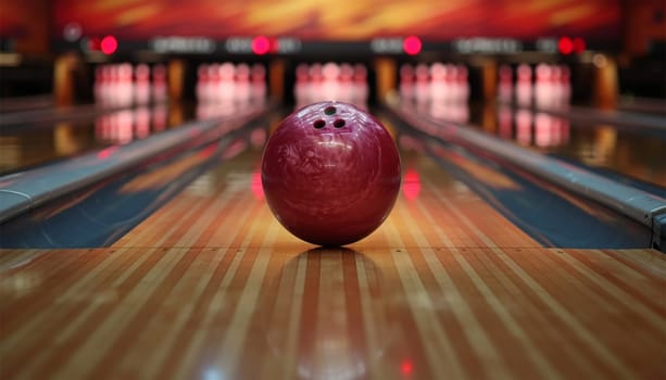 Bowling concept. Colorful Red Bowling Ball on wooden track crashing into the pins on bowling alley line. Illustration of bowling strike. Sport competition or Tournament. colorful