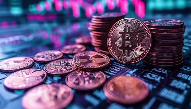 Bitcoin and cryptocurrency investing concept with graph. Bitcoin cryptocurrency coins. Trading on the cryptocurrency exchange. Trends in bitcoin exchange rates. Rise and fall chart of bitcoin. Digital technology design Copy space