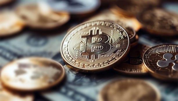 Bitcoin and cryptocurrency investing concept with graph. Bitcoin cryptocurrency coins. Trading on the cryptocurrency exchange. Trends in bitcoin exchange rates. Rise and fall chart of bitcoin. Digital technology design Copy space