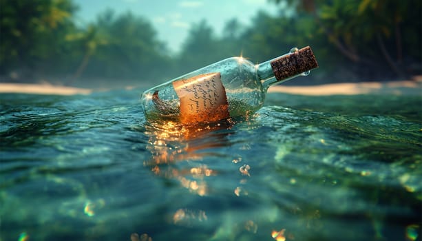 Glass bottle with paper message on the seashore of tropical island. Shipwreck in the sea. Crying for help. Save Our Souls (SOS) Copy space