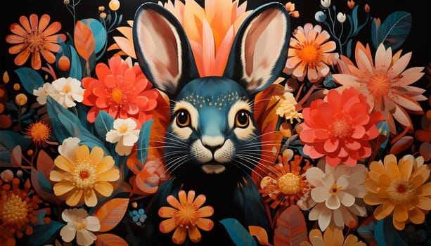 Happy Easter. Easter rabbit with spring flowers and leaves wreath watercolor. Cute vintage bunny isolated on black background. illustration. Spring flowers and Happy Easter Holiday background flat lay