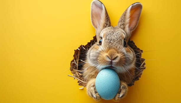 Easter bunny or rabbit peeking out a hole holding a painted Easter egg, spring holiday greeting card, pink pastel color, minimailism Copy space pink and blue
