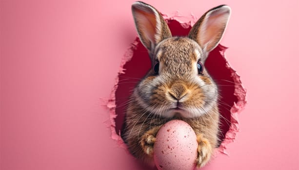 Easter bunny or rabbit peeking out a hole holding a painted Easter egg, spring holiday greeting card, pink pastel color, minimailism Copy space pink and blue