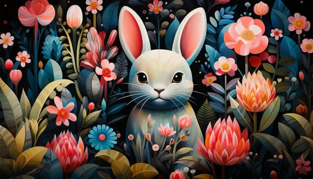 Happy Easter. Easter rabbit with spring flowers and leaves wreath watercolor. Cute vintage bunny isolated on black background. illustration. Spring flowers and Happy Easter Holiday background flat lay