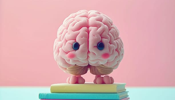 Cute animation smart cartoon brain standing on pile of books. Reading a book. pastel colors 3D. Education,brainstorming and learning concept pink
