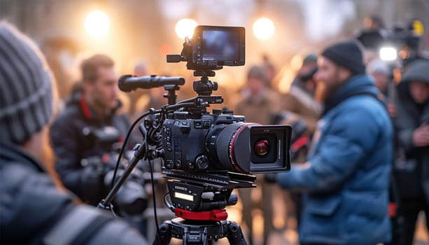 Proffesional crue at work in film studio. Director at work on the set. The director works with a group or with a playback while filming a movie, advertising, or a TV series. Shooting shift, equipment and group. Modern photography technique. Studio
