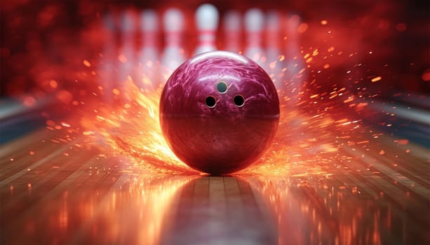 Bowling concept. Colorful Red Bowling Ball on wooden track crashing into the pins on bowling alley line. Illustration of bowling strike. Sport competition or Tournament. colorful