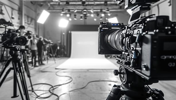 Proffesional crue at work in film studio. Director at work on the set. The director works with a group or with a playback while filming a movie, advertising, or a TV series. Shooting shift, equipment and group. Modern photography technique. Studio