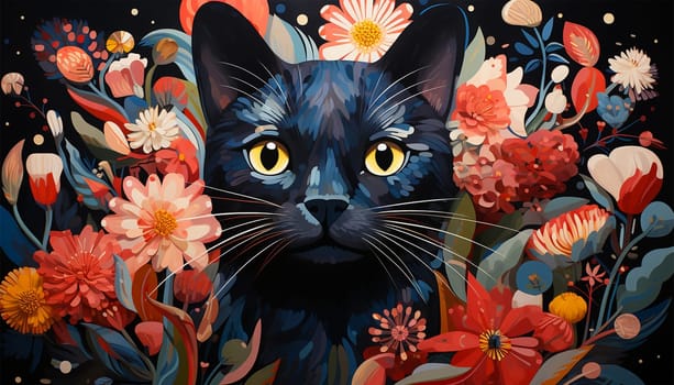 Pretty Cartoon With black cat and tropical flowers design background. Flat lay. Colorful spring flowers. Animal nature