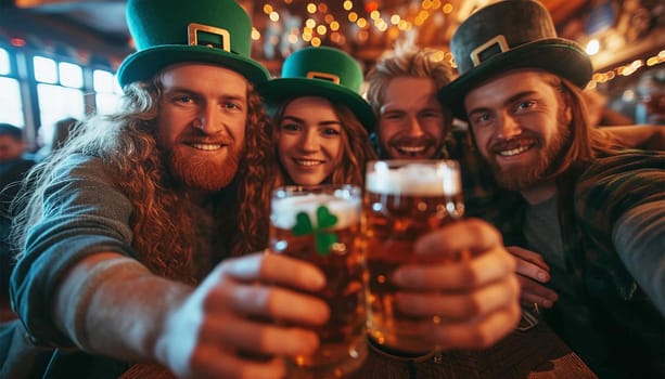 Friends celebrating St Patricks day with drinks in a bar. Saint Patrick Day party in pub with friends. Male friends getting drunk Irish Fetival Having fun