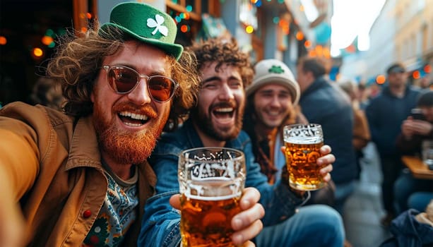 Friends celebrating St Patricks day with drinks in a bar. Saint Patrick Day party in pub with friends. Male friends getting drunk Irish Fetival Having fun