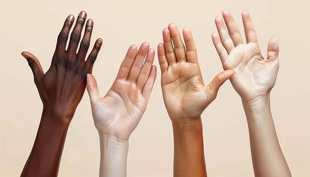 People different skin colors raising their hands. Unity concept. Raised hands up together with different skin tone of many peoples concept of democrazy, volunteer, or racial concept design Diverse people of different race front view