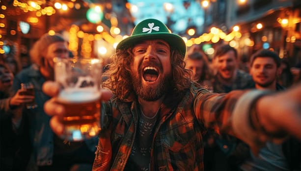 Friends celebrating St Patricks day with drinks in a bar. Saint Patrick Day party in pub with friends. Male friends getting drunk Irish Fetival Having fun