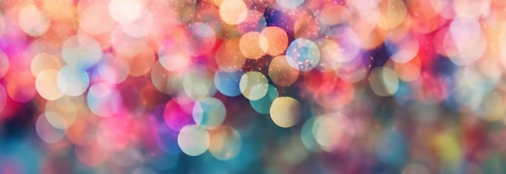 Defocused abstract bokeh background pastel colored, flare from lights, blurred round bokeh as holiday fon, celebration wallpaper. Glittering aesthetic textured pattern Purple,pink neon lights