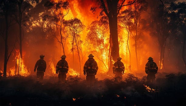 Experienced Firefighter Extinguishing a Wildland Fire Deep in the Woods. Professional in Safety Uniform and Helmet Spraying Water to Fight Large Flames Spreading Through Trees. Forest fire copy space