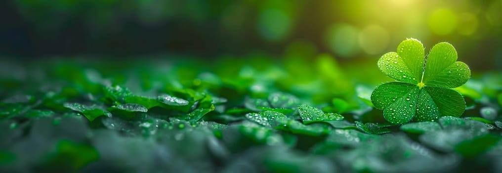 Green St. Patrick day seamless background with clover four-leaf blured leaves. Fresh clover leaves on green background. Copy space. St. Patrick's Day celebration background space for text beauty
