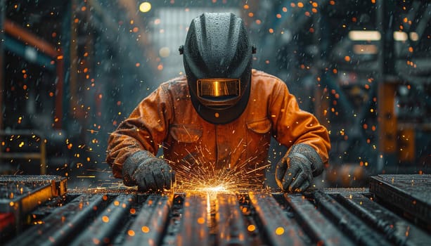 Proffessional welder at work. Handymen performing welding and grinding at their workplace in the workshop, while the sparks fly all around them, they wear a protective helmet and equipment. Sparkling lights bokeh