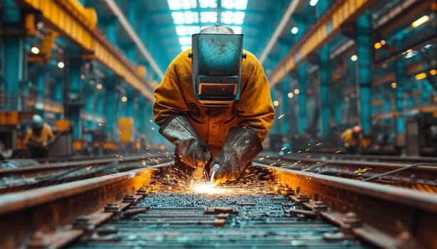 Proffessional welder at work. Handymen performing welding and grinding at their workplace in the workshop, while the sparks fly all around them, they wear a protective helmet and equipment. Sparkling lights bokeh