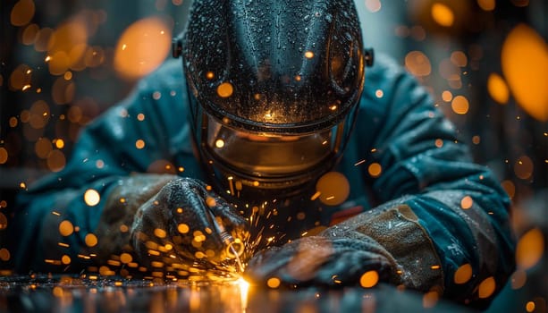 Proffessional welder at work. Handymen performing welding and grinding at their workplace in the workshop, while the sparks fly all around them, they wear a protective helmet and equipment. Sparkling lights bokeh