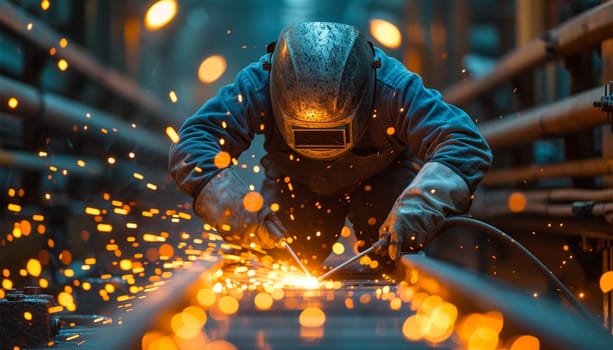 Proffessional welder at work. Handymen performing welding and grinding at their workplace in the workshop, while the sparks fly all around them, they wear a protective helmet and equipment. Sparkling lights bokeh
