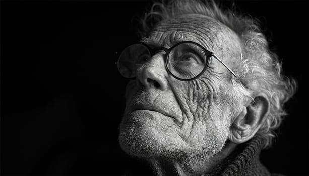 Old age. Beautiful serieus portrait of senior man looking away on black background. Copy space. Elderly human black and white beauty