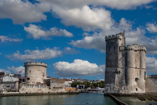 La Rochelle town, France old harbour with medieval castle towers on Atlantic coast of Charente-Maritime