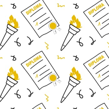 Doodle champion seamless pattern with diploma and torch. Vector illustration can used for sport background, textile, print, wrapping paper.