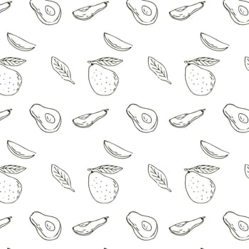 Sketch drawing pattern with avocado sliced, half and fruit with leaf. Vector illustration can used for wrapping paper, banner and cover design.