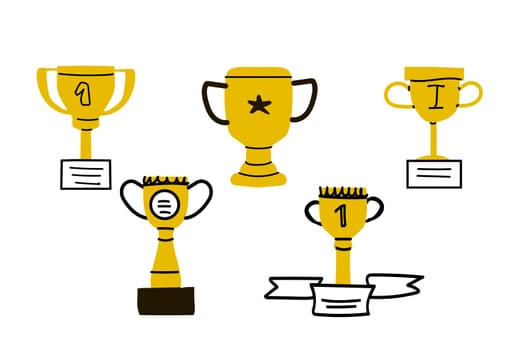 Set of Hand drawn doodle award 1 place golden cups icon isolated. Vector illustration can used for banner, label, card. Doodle drawing in yellow color.