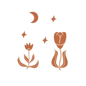 Hand drawn floral boho elements - flowers and moon, stars. Vector illustration in brown color.