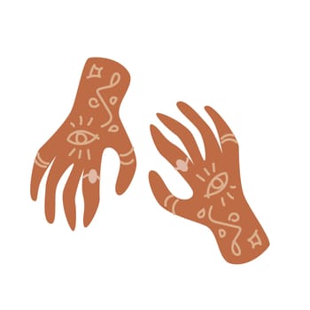 Hand drawn hands with mystical boho elements. Vector illustration isolated. Can used for poster, banner, cover design.