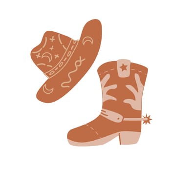 Hand drawn boho hat and boot vector illustration. Isolated elements. Vector illustration can used for poster, greeting card, wallpaper design.