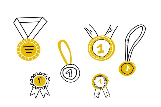 Doodle medal awards and pin icons - Hand drawn set. Vector illustration isolated. First place medal and awareness doodle illustration. Can used for label, banner, wrapping and packaging.