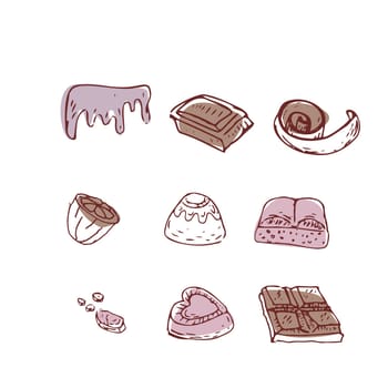 Cocoa bean doodle and chocolate sliced, pieces, chips. Vector illustration isolated. Hand drawn outline vector sketch. Suitable for wrapping, packaging, poster. Chocolate sliced, chips and candy.