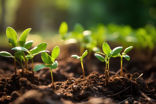 Close-up photo of seedlings at surface level represent new beginnings, life force, abundance and sustainability. It can be used in advertising, communication, education or decoration up to creativity.