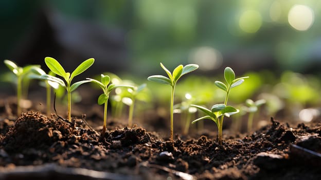 Close-up photo of seedlings at surface level represent new beginnings, life force, abundance and sustainability. It can be used in advertising, communication, education or decoration up to creativity.