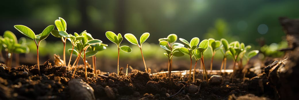 Close-up photo of seedlings at surface level represent new beginnings, life force, abundance and sustainability. It can be used in advertising, communication, education or decoration up to creativity.