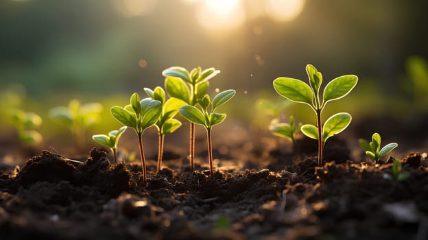 Close-up photo of seedlings at surface level represent new beginnings, life force, abundance and sustainability. It can be used in advertising, communication, education or decoration up to creativity.
