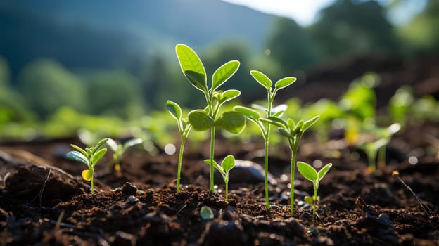 Close-up photo of seedlings at surface level represent new beginnings, life force, abundance and sustainability. It can be used in advertising, communication, education or decoration up to creativity.
