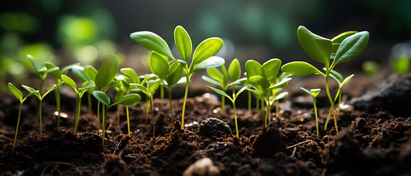 Close-up photo of seedlings at surface level represent new beginnings, life force, abundance and sustainability. It can be used in advertising, communication, education or decoration up to creativity.