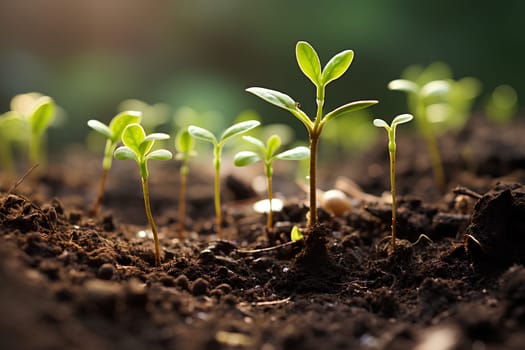 Close-up photo of seedlings at surface level represent new beginnings, life force, abundance and sustainability. It can be used in advertising, communication, education or decoration up to creativity.