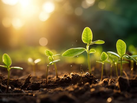 Close-up photo of seedlings at surface level represent new beginnings, life force, abundance and sustainability. It can be used in advertising, communication, education or decoration up to creativity.