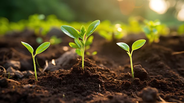 Close-up photo of seedlings at surface level represent new beginnings, life force, abundance and sustainability. It can be used in advertising, communication, education or decoration up to creativity.