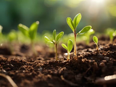 Close-up photo of seedlings at surface level represent new beginnings, life force, abundance and sustainability. It can be used in advertising, communication, education or decoration up to creativity.