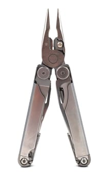 One modern gray iron open folding multifunctional knife isolated on a white background. Multitool with extended tools and pliers. Compact and portable product. Pocket knife. EDC concept
