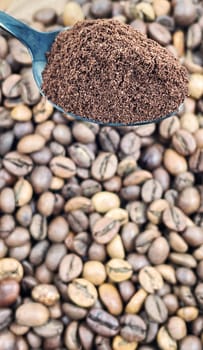 Ground coffee powder in a metal spoon in the foreground, against the background of roasted aromatic coffee beans. Coffee concept