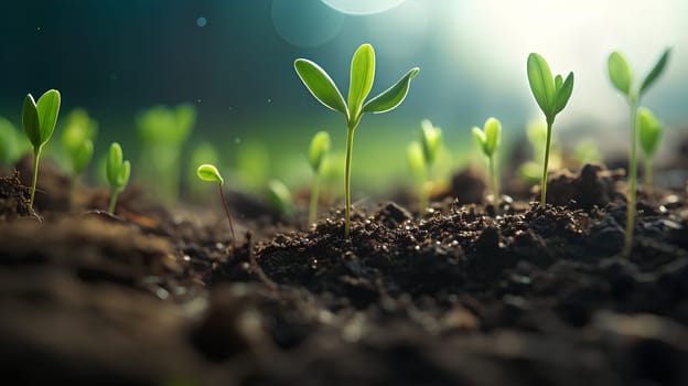 Close-up photo of seedlings at surface level represent new beginnings, life force, abundance and sustainability. It can be used in advertising, communication, education or decoration up to creativity.