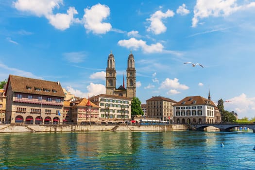 Grossm nster Romanesque Protestant church and Zurich promenade, Switzerland.