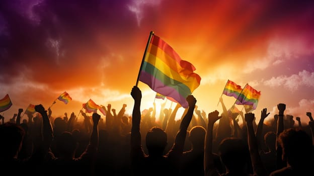 A diverse group of individuals enthusiastically hold flags in the air during a public gathering.